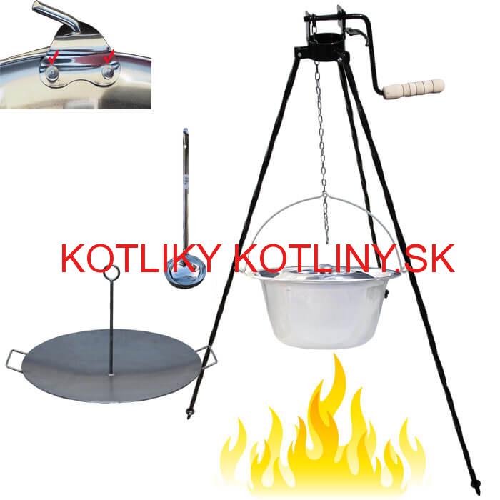 Antikorový kotlík 15 L (0,8 mm) s nitmi + panvica na grilovanie a stojan s kladkou VAR