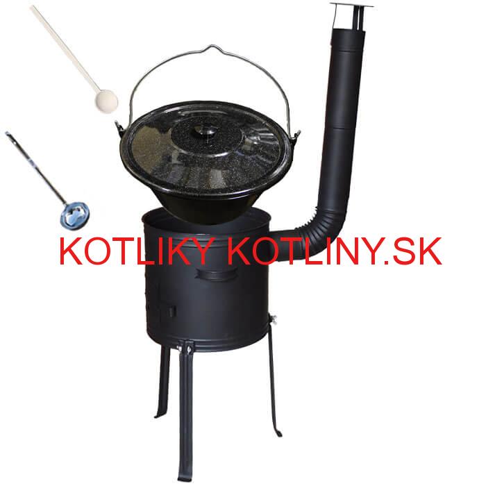 Smaltovaný kotlík 13 L (1,2 mm) + kovová kotlina s vysokými nožičkami 36 cm + vareška a naberačka