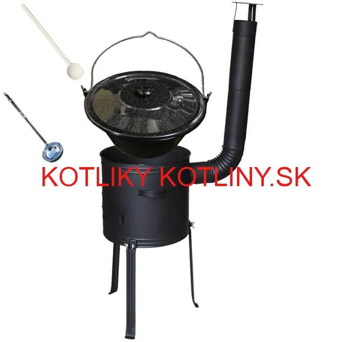Smaltovaný kotlík 20 L + kovová kotlina s vysokými nožičkami 42 cm, žiaruvzdorná farba Plus 700 + vareška a naberačka