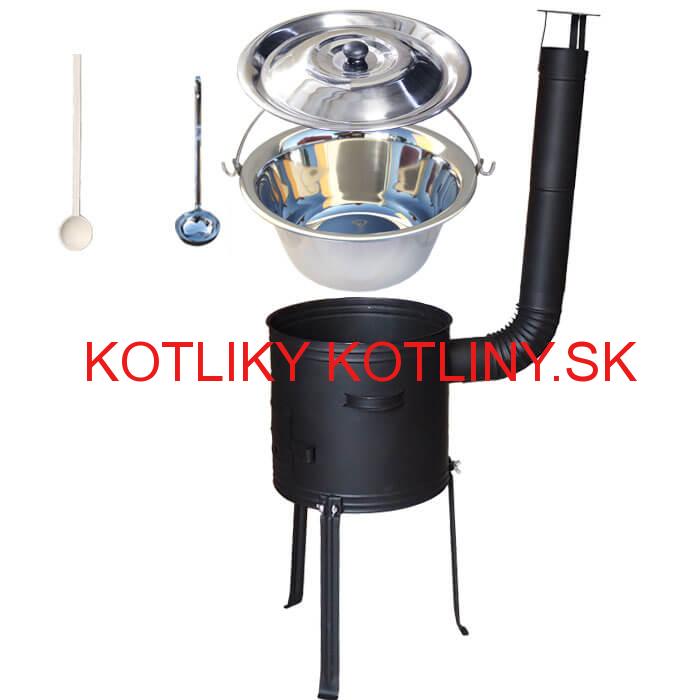 Antikorový kotlík 14 L (0,8 mm) + kovová kotlina s vysokými nožičkami 36 cm, žiaruvzdorná farba Plus 700 + vareška a naberačka