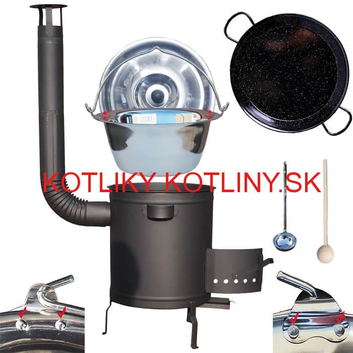 Nerezový kotlík 15 L (0,8 mm) zosilnený s nitmi + Paella panvica 38 cm + hrubostenná (1,5 mm) žiaruvzdorná kotlina 36 PLUS 600