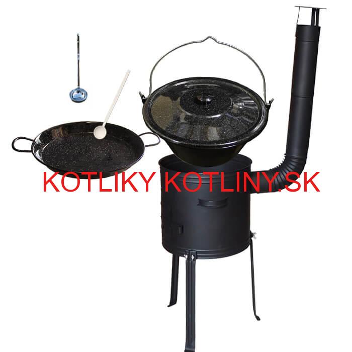Smaltovaný kotlík 20 L + Paella panvica 46 cm + kovová kotlina s vysokými nožičkami 42 cm, žiaruvzdorná farba Plus 700