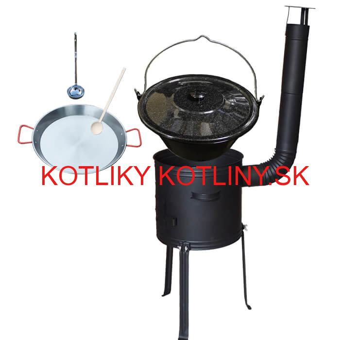 Smaltovaný kotlík 20 L + Paella panvica 46 cm + kovová kotlina s vysokými nožičkami 42 cm, žiaruvzdorná farba Plus 700