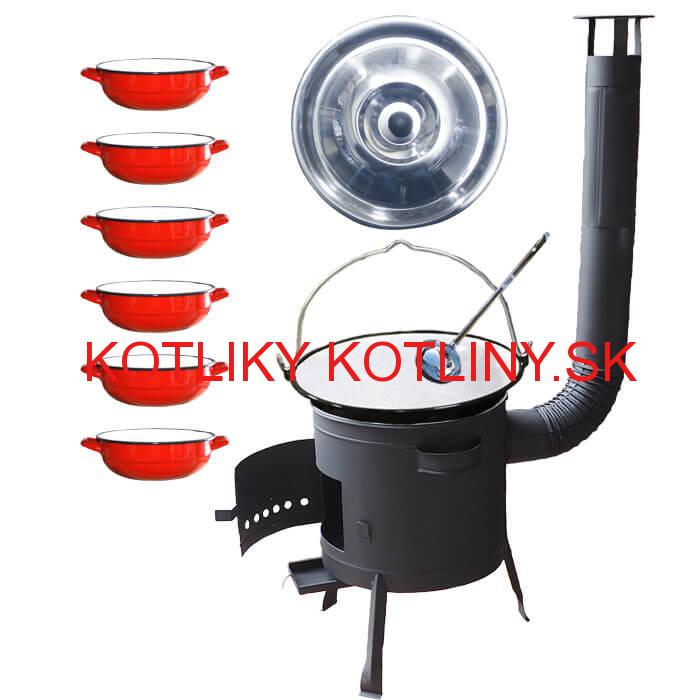 Smaltovaný kotlík 25 L + selské misky 6 ks + nízka žiaruvzdorná kotlina 42 cm PLUS 600