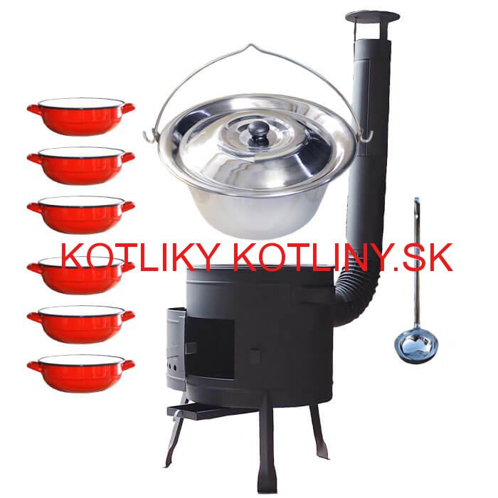 Nerezový kotlík 20 L (1,2 mm) INOX + selské misky 6 ks + nízka žiaruvzdorná kotlina 42 cm PLUS 600