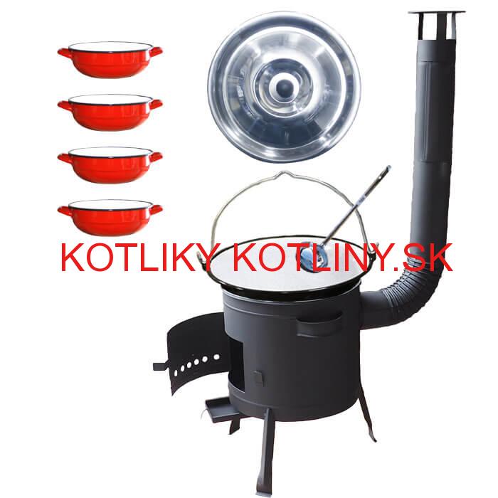Smaltovaný kotlík 20 L + selské misky 4 ks + nízka žiaruvzdorná kotlina 42 cm PLUS 600