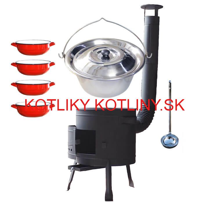 Nerezový kotlík 22 L (0,8 mm) INOX + selské misky 4 ks + nízka žiaruvzdorná kotlina 42 cm PLUS 600