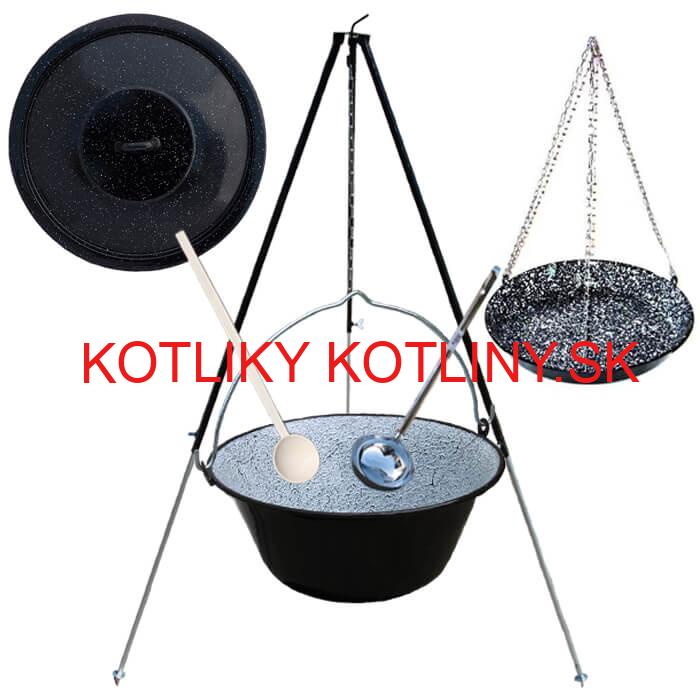 Smaltovaný kotlík 30 L + panvica na grilovanie + teleskopická trojnožka