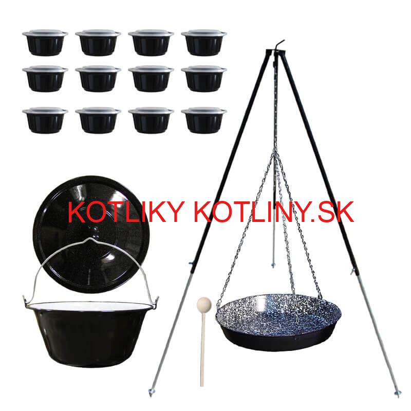 Smaltovaný kotlík 30 L + panvica na grilovanie + teleskopická trojnožka + misky 12 ks