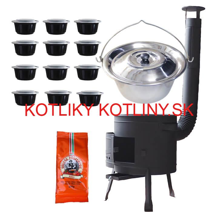 Nerezový kotlík 22 L (0,8 mm) + korenie na guláš 100 g + misky 12 ks + nízka žiaruvzdorná kotlina (0,8 mm) 42 PLUS 600