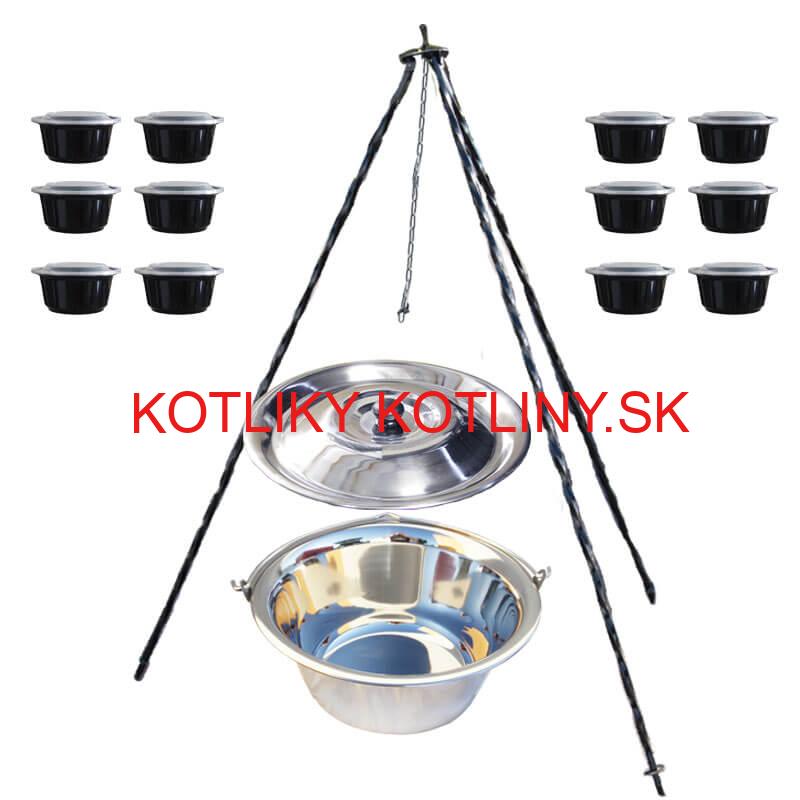 Nerezový kotlík 10 L (0,8 mm) + antikorová pokrievka + stojan + misky 12 ks