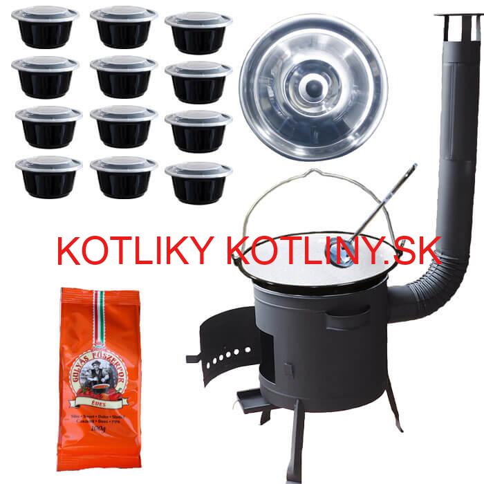 Smaltovaný kotlík 25 L (1,2 mm) + pokrievka + misky 12 ks + nízka žiaruvzdorná kotlina (0,8 mm) 42 PLUS 600