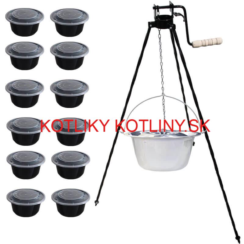 Nerezový kotlík 14 L (0,8 mm) INOX+ stojan s kladkou VAR + misky 12 ks