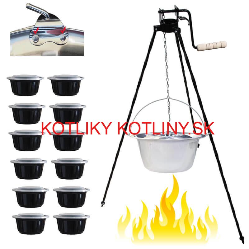 Antikorový kotlík 15 L (0,8 mm) s nitmi + stojan s kladkou VAR + misky 12 ks