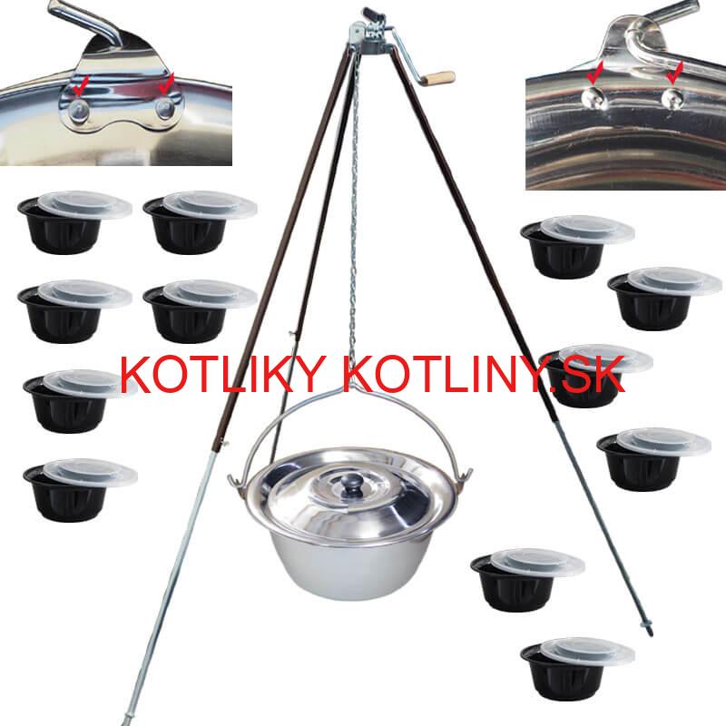 Antikorový kotlík 30 L (0,8 mm) s nitmi + teleskopická trojnožka s poistnou kladkou + misky 12 ks