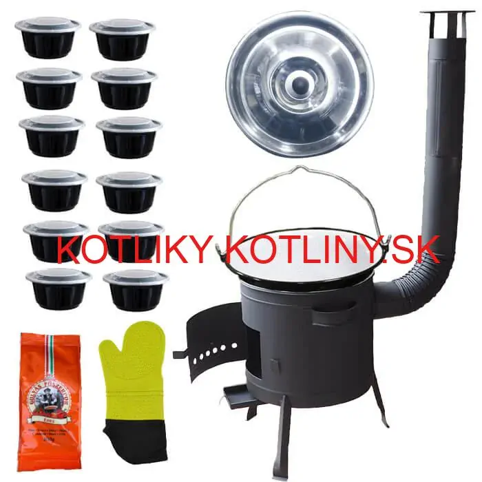 Smaltovaný kotlík 22 L (1,2 mm) + misky 12 ks + nízka žiaruvzdorná kotlina (1,5 mm) 42 PLUS 600