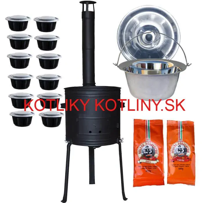 Nerezový kotlík 22 L (0,8 mm) INOX + žiaruvzdorná kotlina 42 cm Plus 700 + misky 12 ks + 2 x korenie na guláš 100 g