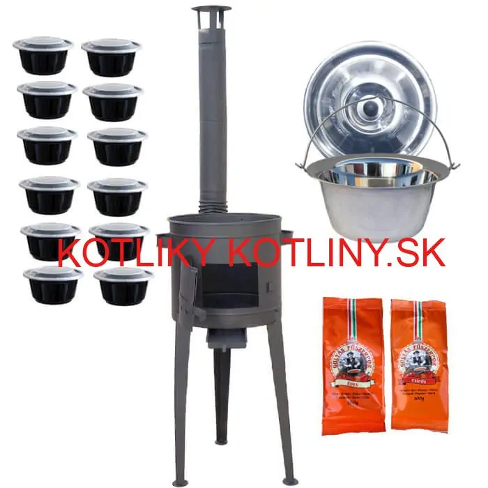 Nerezový kotlík 22 L (0,8 mm) INOX + vysoká žiaruvzdorná  kotlina 42 cm PLUS 600 + misky 12 ks + 2 x korenie na guláš 100 g