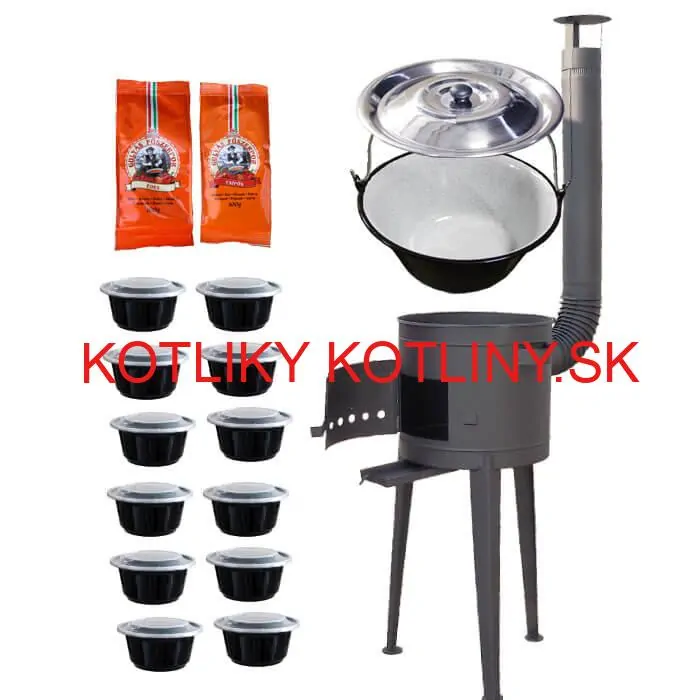 Smaltovaný kotlík 22 L (1,2 mm) + vysoká žiaruvzdorná kotlina (1,5 mm) HODO 42 cm PLUS 600 + misky 12 ks + 2 x korenie na guláš 100 g