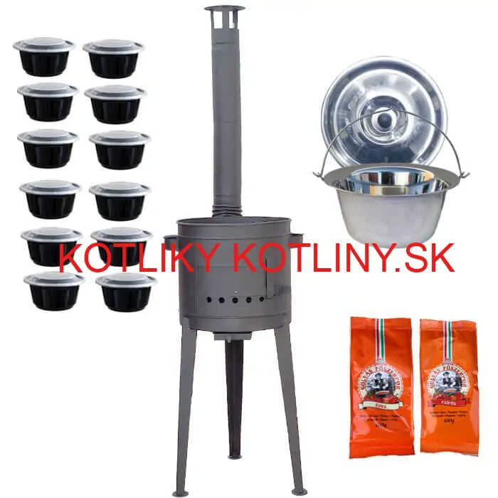 Nerezový kotlík 22 L (0,8 mm) INOX + vysoká žiaruvzdorná kotlina (1,5 mm) HODO 42 cm PLUS 600 + misky 12 ks + 2 x korenie na guláš 100 g