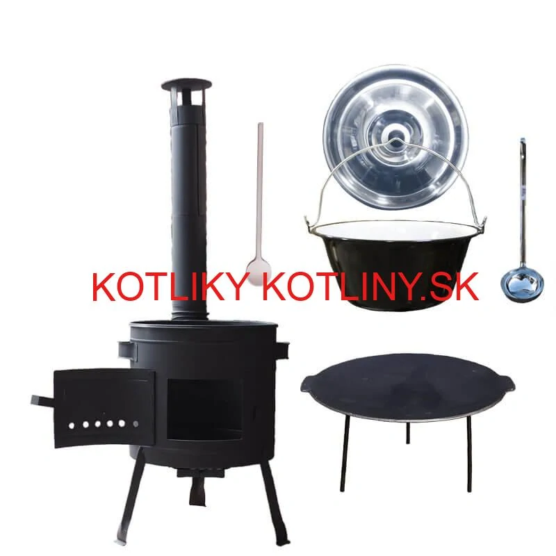 Smaltovaný kotlík 22 L + liatinová panvica 45 cm + nízka žiaruvzdorná kotlina 42 cm PLUS 600