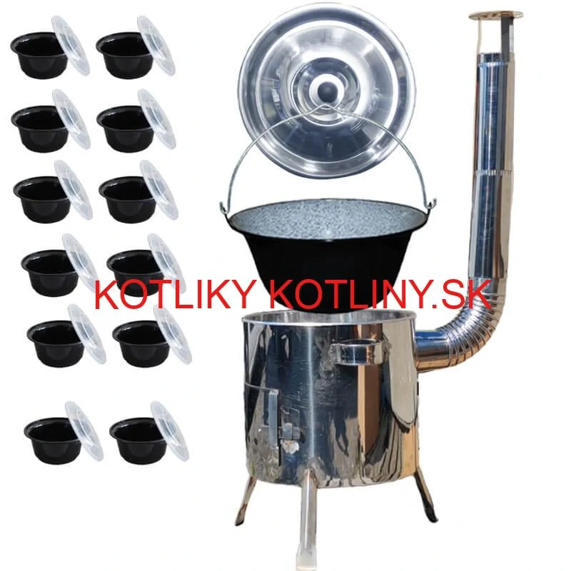 Smaltovaný kotlík 13 L + Nerezová kotlina 36 INOX LUSTRO + misky 12 ks