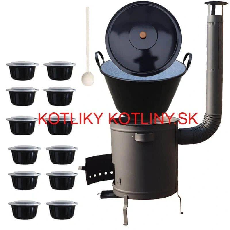 Smaltovaný kotol 60 L + hrubostenná kotlina 53 cm (2 mm) STRONG PLUS 600 + misky 12 ks