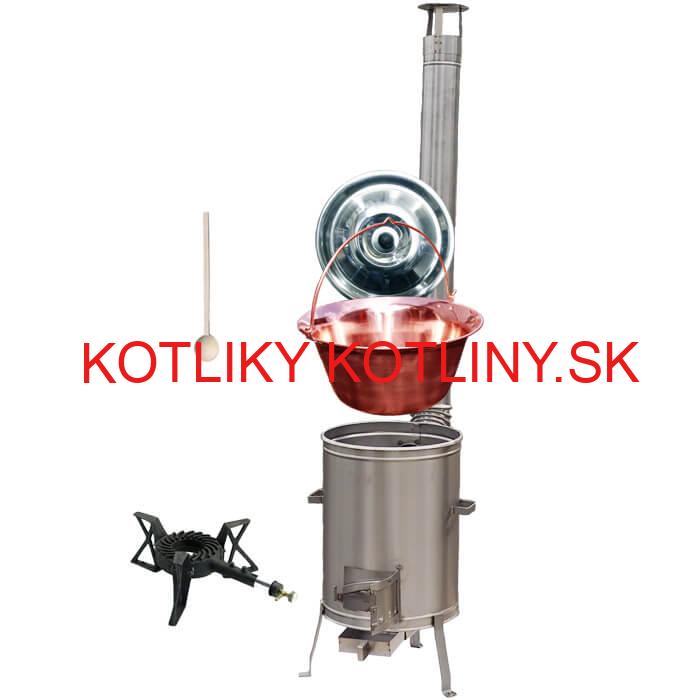 Medený kotlík 30 L (1,2 mm) + nerezová kotlina 42 cm + liatinový horák 7 kW, vareška LUX