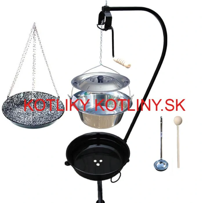 Nerezový kotlík 10 L (0,8 mm) INOX + smaltovaná panvica + ohnisko so stojanom a s poistnou kladkou VAR
