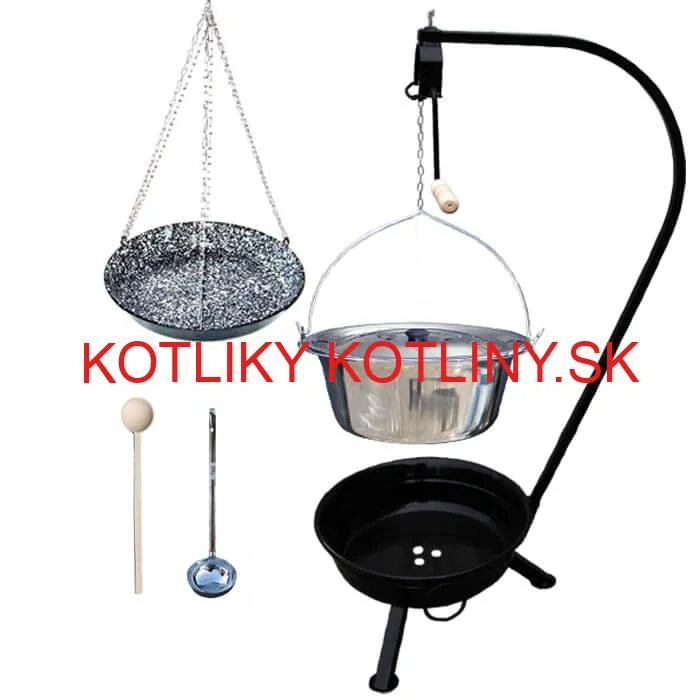 Nerezový kotlík 22 L (0,8 mm) INOX + smaltovaná panvica + ohnisko so stojanom a s poistnou kladkou VAR
